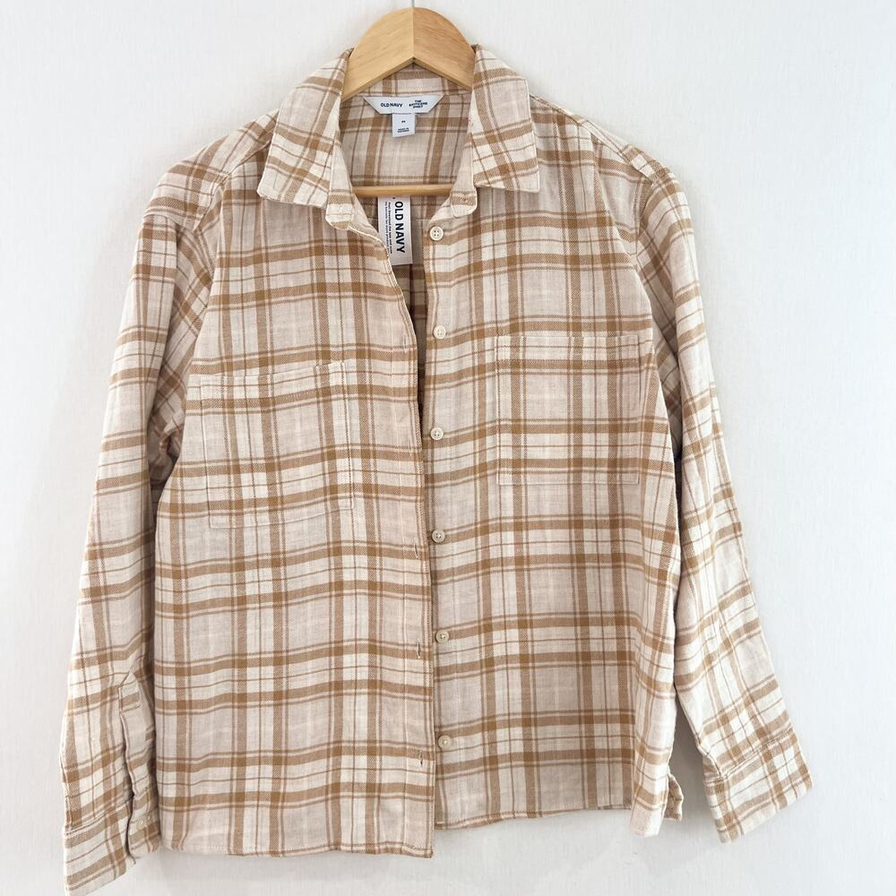 NEW Old Navy Women's Plaid Boyfriend Flannel Button Down Medium Cream Oversized